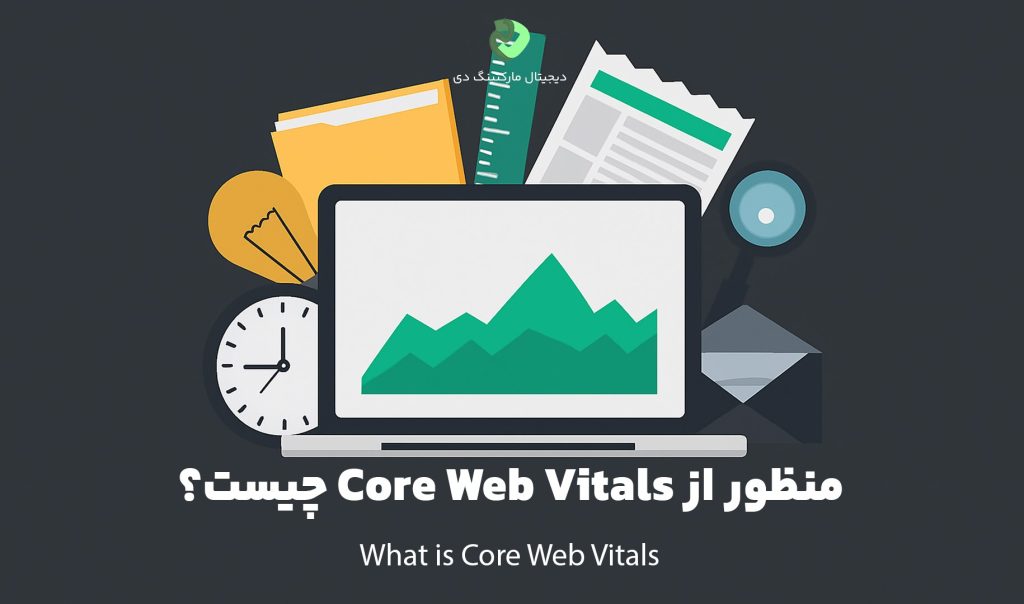 کاور مقاله‌ای با عنوان " منظور از Core Web Vitals چیست؟ " که همین عبارت بر روی تصویر نیز نوشته شده است. تصویر گرافیکی یک لپ‌تاپ، ساعت، خط‌کش، ذره‌بین و پوشه را نشان می‌دهد که همگی به معیار‌های حیاتی سایت اشاره می‌کنند.
