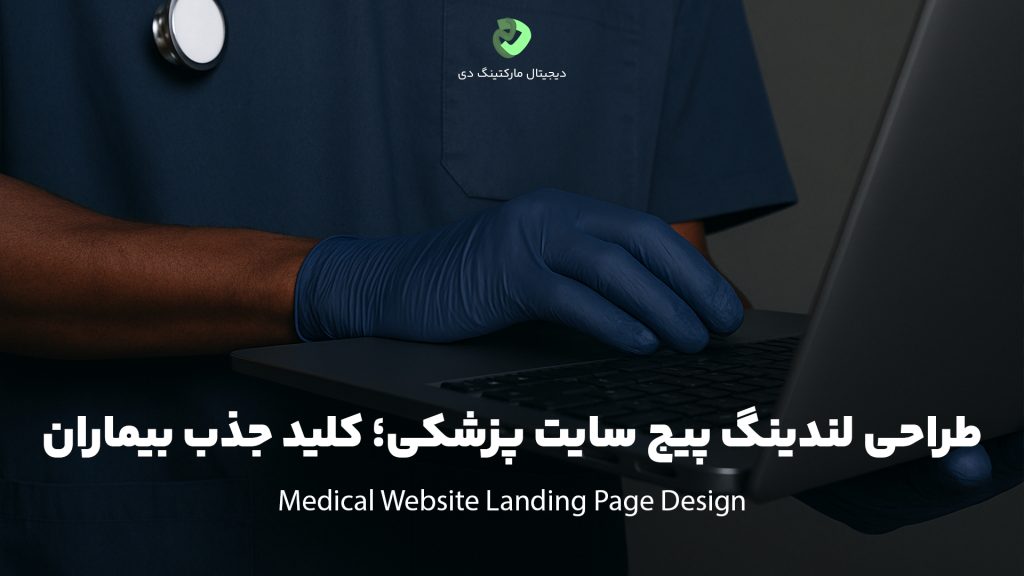 کاور مقاله‌ای با عنوان " طراحی لندینگ پیج سایت پزشکی؛ کلید جذب بیماران " که همین عبارت بر روی تصویر نیز نوشته شده است. تصویر یک پزشکی را نشان می‌دهد که درحال کار با وبسایت خود از طریق یک لپ‌تاپ می‌باشد.